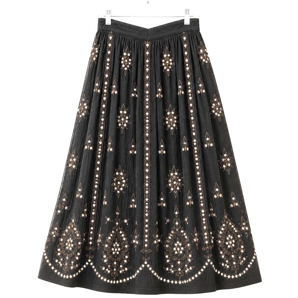 Midi Skirt Size 3X (22/24) Y2K Black Embroidered Silver Sequins Boho Festival